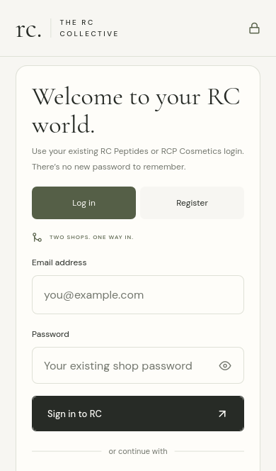 The RC Collective app login screen with email and password fields.